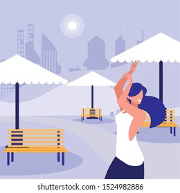 young woman dancing in the park character vector illustration design