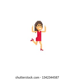 A Young Woman Is Dancing. Pixel Art. Old School Computer Graphic. 8 Bit Video Game. Game Assets 8-bit Sprite.