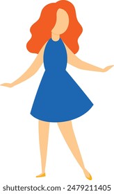 Young woman dancing, red hair flowing, blue dress twirling. Woman performing dance move, orange shoes pointing, cheerful dancer. Female character enjoying herself, carefree movement, simple dress