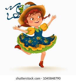 Young woman dancing salsa on festivals celebrated in Portugal Festa de Sao Joao, girl in straw hat traditional fiesta dance, holiday party dancer, festive people carnaval vector illustration