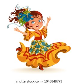 Young woman dancing salsa on festivals celebrated in Brazil Festa Junina, girl wear flower in head traditional fiesta dance, holiday party dancer, festive people carnaval vector illustration