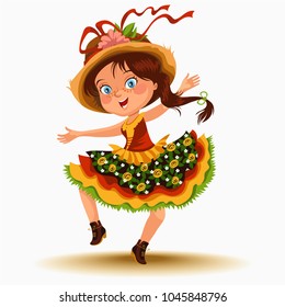 Young woman dancing salsa on festivals celebrated in Portugal Festa de Sao Joao, girl in straw hat traditional fiesta dance, holiday party dancer, festive people carnaval vector illustration