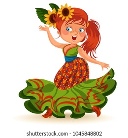 Young woman dancing salsa on festivals celebrated in Brazil Festa Junina, girl wear flower in head traditional fiesta dance, holiday party dancer, festive people carnaval vector illustration