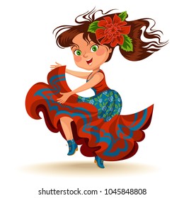 Young woman dancing salsa on festivals celebrated in Brazil Festa Junina, girl wear flower in head traditional fiesta dance, holiday party dancer, festive people carnaval vector illustration