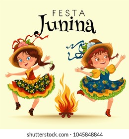 Young woman dancing salsa on festivals celebrated in Portugal Festa de Sao Joao, girl in straw hat traditional fiesta dance, holiday party dancer, festive people carnaval vector illustration