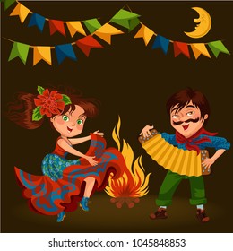 Young woman dancing salsa on festivals celebrated in Brazil Festa Junina, man play on sanfona near bonfire traditional fiesta dance, holiday party dancer, festive people carnaval vector illustration