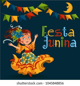 Young woman dancing salsa on festivals celebrated in Brazil Festa Junina, girl wear flower in head traditional fiesta dance, holiday party dancer, festive people carnaval vector illustration