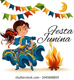 Young woman dancing salsa on festivals celebrated in Brazil Festa Junina, girl wear ribbons in hair traditional fiesta dance, holiday party dancer, festive people carnaval vector illustration