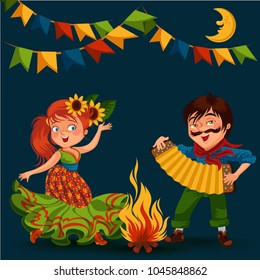 Young woman dancing salsa on festivals celebrated in Brazil Festa Junina, man play on sanfona near bonfire traditional fiesta dance, holiday party dancer, festive people carnaval vector illustration