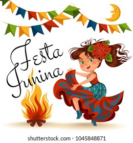 Young woman dancing salsa on festivals celebrated in Brazil Festa Junina, girl wear flower in head traditional fiesta dance, holiday party dancer, festive people carnaval vector illustration