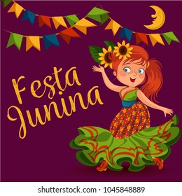 Young woman dancing salsa on festivals celebrated in Brazil Festa Junina, girl wear flower in head traditional fiesta dance, holiday party dancer, festive people carnaval vector illustration