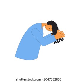 Young woman with dark curly hair. Female person standing and touching her hair and squishing their to untangle. Vector illustration