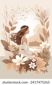 A young woman with dark hair and a light dress sits among flowers and plants. A woman among the wild.