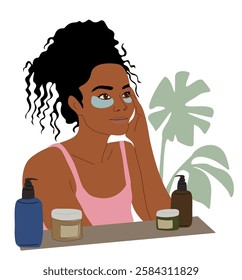 Young woman with dark hair and pink tank top sitting at table with several cosmetic bottles applying beauty patches under her eyes. Facecare and beauty procedure concept. Flat vector illustration 