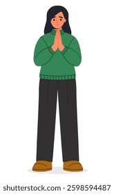 A young woman with dark hair prays with her hands folded in a gesture of apology. Apologize or say sorry, regret for what happen asking for forgiveness concept. Vector illustration isolated