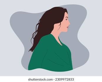 Young woman with dark hair, side view. Portrait of a beautiful girl in a green shirt. Fashion and beauty concept. Cute female in Flat vector illustration