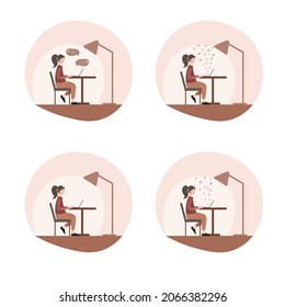 a young woman with dark hair is sitting at a table working with a laptop in the light of a floor lamp, night work, work at home, a set of four thematic images. Communication, flat vector illustration