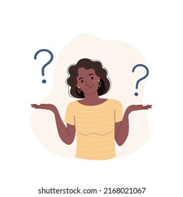 Young woman with dark hair and skin surrounded by a question mark. Flat style cartoon vector illustration. 
