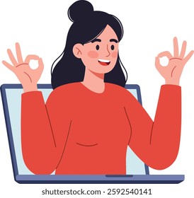 A young woman with dark hair smiles while making an okay sign, showcasing a positive and relaxed atmosphere, seated in front of her laptop.