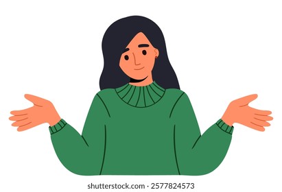 A young woman with dark hair spread hand shrugging shoulders looking puzzled