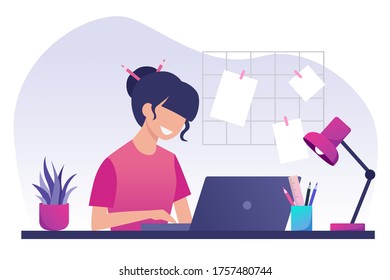 A young woman with dark hair works on a laptop. Work from home. Freelance. Stay at home. Vector flat illustration.