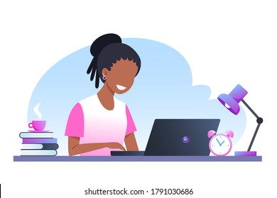 A young woman with dark hair works on a laptop. Work from home. Freelance. Stay at home. Vector flat illustration.