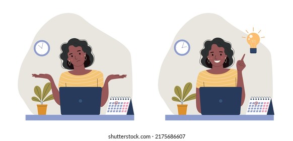 Young woman with dark skin before the laptop with question mark in think bubble and  finding new idea. Shiny light bulb. Flat style cartoon vector illustration. 