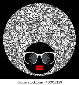 Young woman with dark skin and creative hair. Vector illustration with female portrait. Head of beautiful afro girl in sunglasses during summer time.