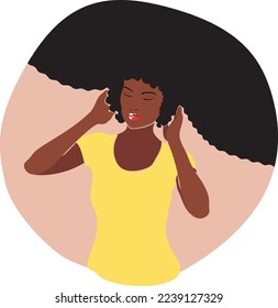 Young woman with dark skin and curly hair wearing yellow t-shirt illustration.