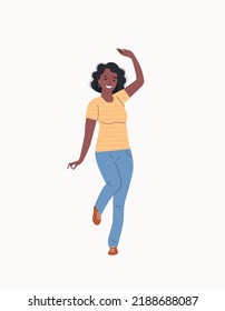 Young woman with dark skin dance to music. Woman stand full body. Flat style cartoon vector illustration. 