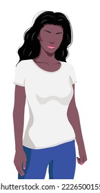 Young woman with dark skin wear white t shirt and blue pants.