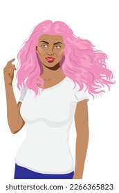Young woman with dark skin wear white t shirt and blue pants.