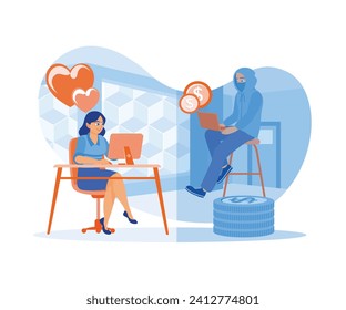 Young woman dating online with fake boyfriend on computer. Internet fraud. Online Dating concept. Flat vector illustration.