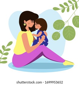 Young woman with a daughter in her arms. Greeting card for mother's day. Concept stay home quarantine. Vector flat style illustration