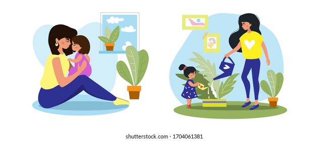 A young woman with a daughter in her arms and girl watering flowers. Concept stay home quarantine. Greeting card for mother's day. Vector stock illustration