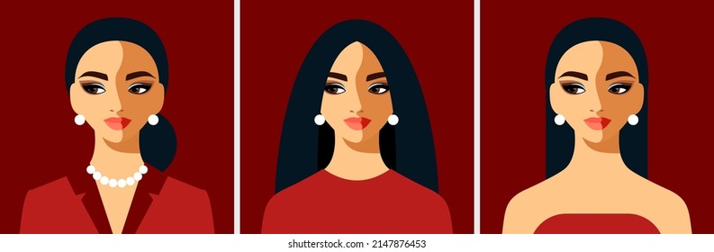 Young woman day concept vector illustration. Girl wearing different clothes, business suit, casual wear and evening attire art design