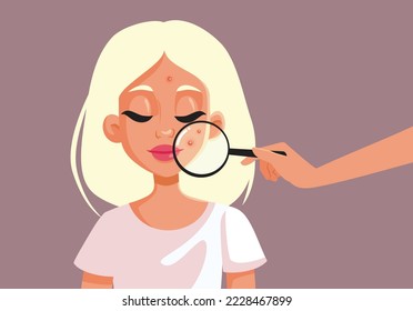 
Young Woman Dealing with Acne Undergoing Dermatological Examination. Dermatologist using a magnifier for skin clinical exam
