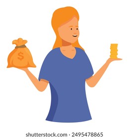 Young woman is deciding between different financial opportunities, weighing the benefits of a savings account versus investing her money