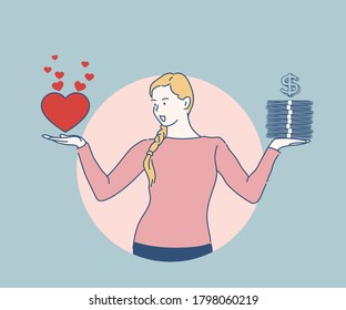 Young woman is deciding between money and the work she loves. Mindset of business concept. Hand drawn in thin line style, vector illustrations.