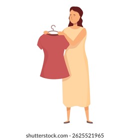 Young woman is deciding what to wear, holding a dress on a hanger