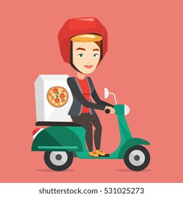 Young woman delivering pizza on scooter. Courier driving a motorbike and delivering pizza. Worker of delivery service of pizza. Concept of food delivery. Vector flat design illustration. Square layout