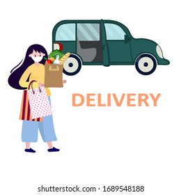 Young woman delivery food and drink during pandemic. Grocery Delivery service. Goods order in Coronavirus quarantine. Express shipment vector illustration