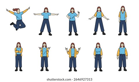 Young Woman Demonstrates Various Poses and Hand Gestures for Animation or Illustration Projects