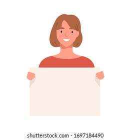Joven con una pancarta vacía aislada en fondo blanco. Chica sonriente sosteniendo una pancarta en blanco con un lugar para el texto. Ilustración vectorial al estilo de las caricaturas planas