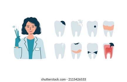 Young woman- dentist with icons of dental problems with teeth. Caries, cracks, tartar, inflammation. Dentistry, oral care and treatment. Isolated flat vector illustration