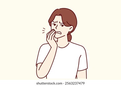 A young woman is depicted holding her jaw in discomfort seemingly experiencing a toothache.