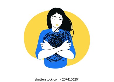 Young woman depressed. Concept of mental disorder, sorrow and anxiety. Physical and emotional violence. Vector illustration. Flat