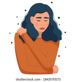 Mujer joven deprimida. Psicología, depresión, mal humor, estrés. Violencia física y emocional contra la mujer. Ilustración vectorial aislada en fondo blanco. 