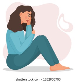 Young woman depressed. Psychology, depression, bad mood, stress. Physical and emotional violence against women. Vector illustration isolated on white background. 