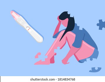 Young woman in depression because of negative pregnancy test.She falls apart into separate puzzles.Miscarriage,compelled abortion.Medical poster with fertility problem.Online Gynecology help for women